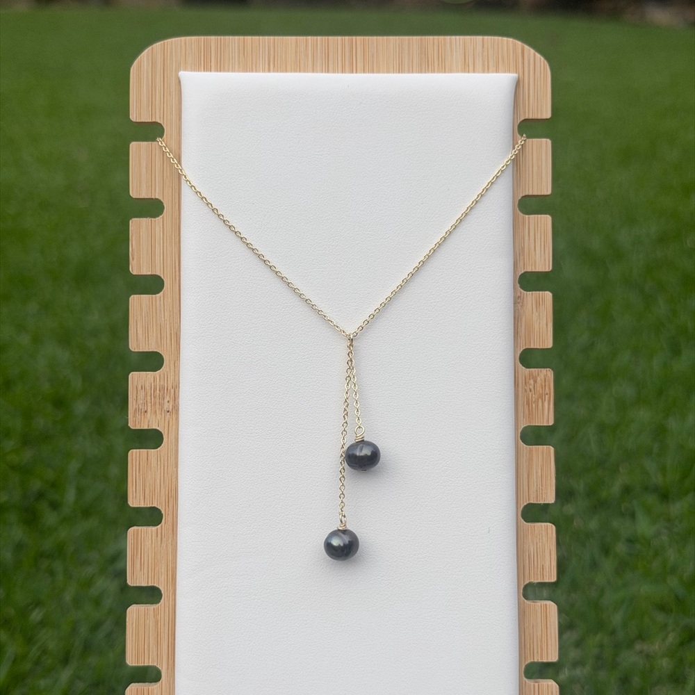 Double drop black fresh water pearl necklace